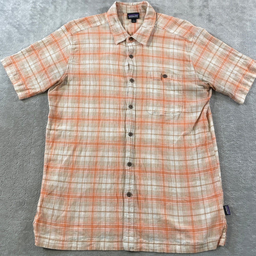 Patagonia AC Shirt Mens Large Orange Plaid Seersucker Outdoor Light Casual Hike